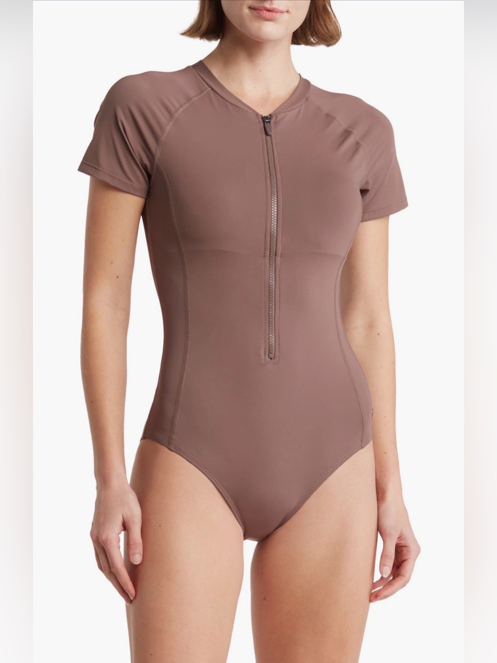 Catherine Malandrino Short-Sleeve Zip Front One-Piece Swimsuit in Taupe